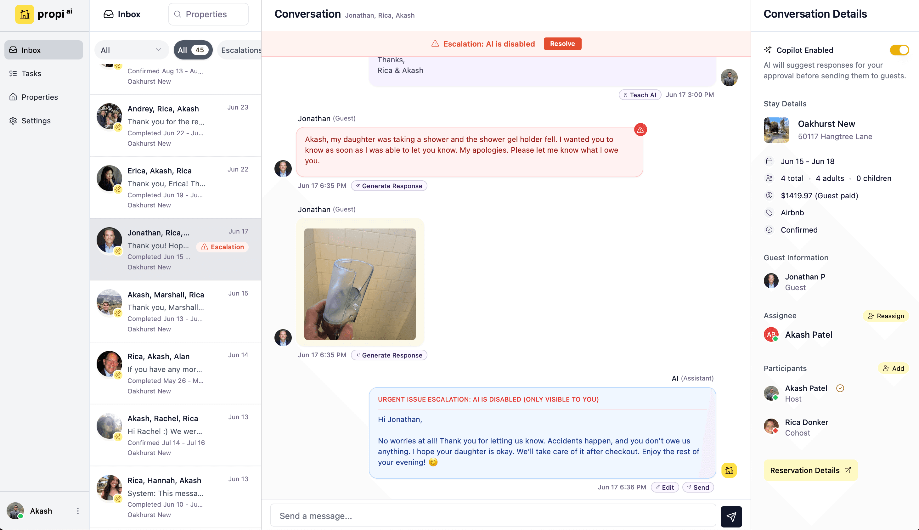 Propi Dashboard showing automated guest conversations